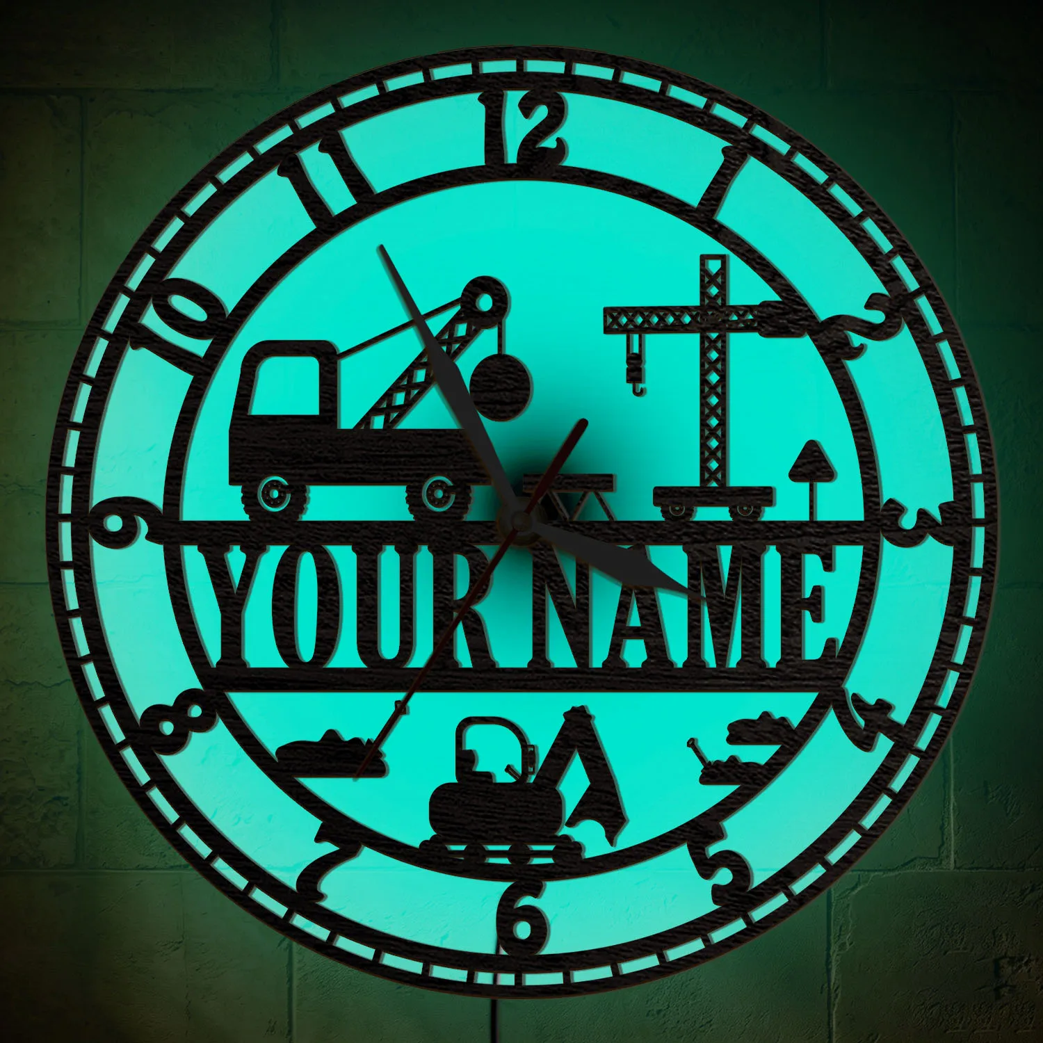 Custom Name Construction Machinery LED Wall Clock RGB Color Changing Light Excavator Crane Silent Wall Clock Builder Home Decor
