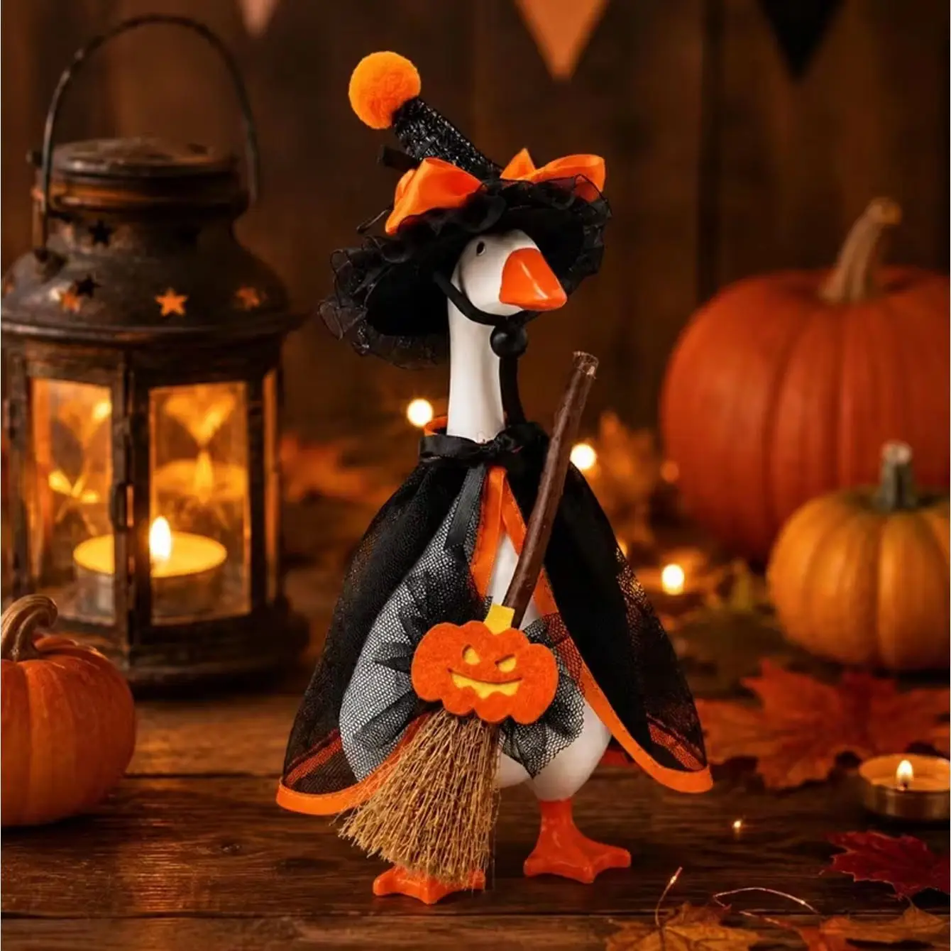 Halloween mini goose costume - witch hat and cape set, including pointed hat and cape pumpkin broom, suitable for 7-inch statues