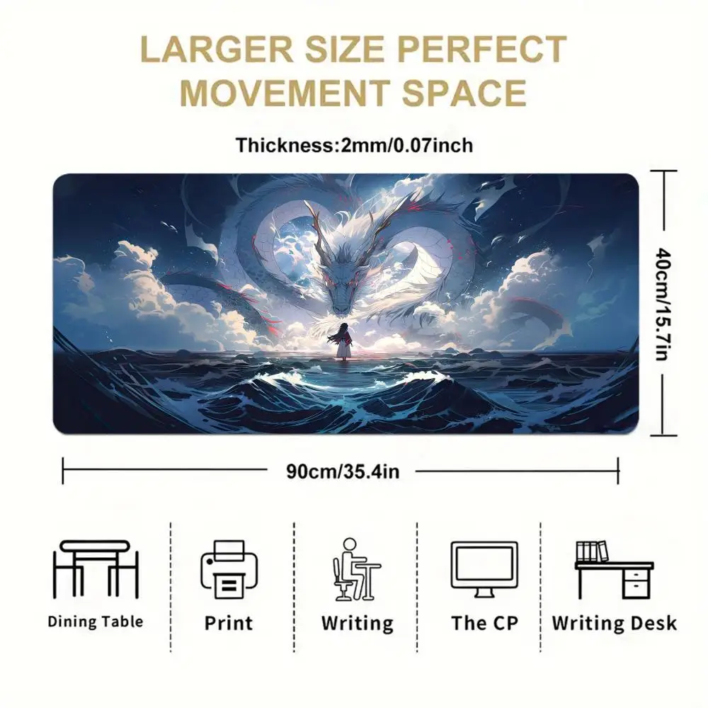 Mystic Dragon Over Ocean Waves Large Non‑Slip Table Mat Game Card Pad For Desktop Bedroom Daily Study Usage