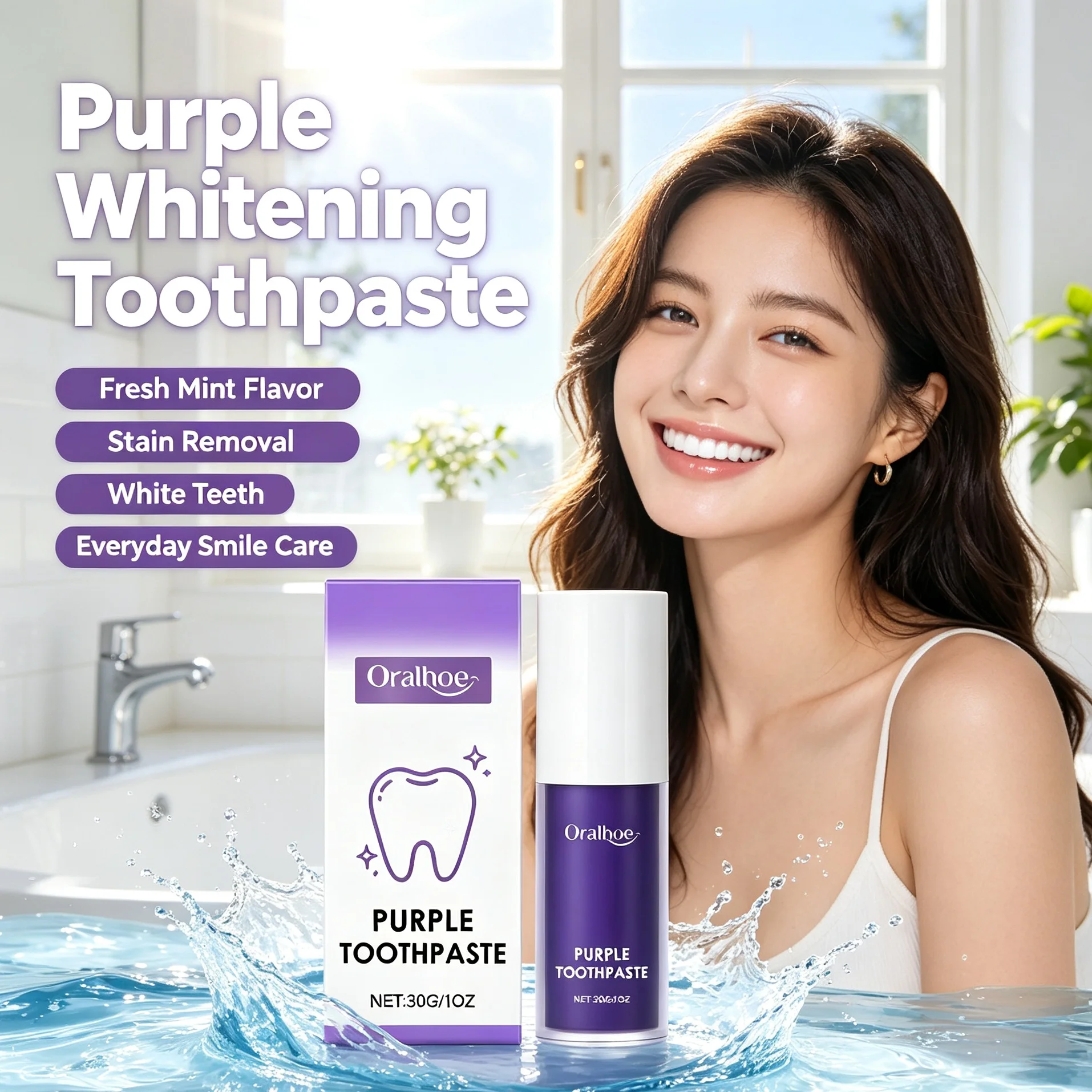 Purple Teeth Whitening Toothpaste, Optical Brighten Smile, Deep Clean Plaque Stains, Long‑Lasting Fresh Mint Breath Oral Care