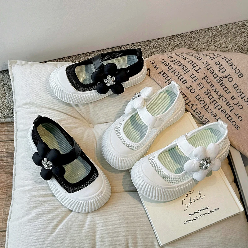 

Kids Tenis Shoes Mesh Breathable Girls Flat Shoes Sweet Flowers 2025 Summer New Children Casual Shoes Crystal Princess Non-slip