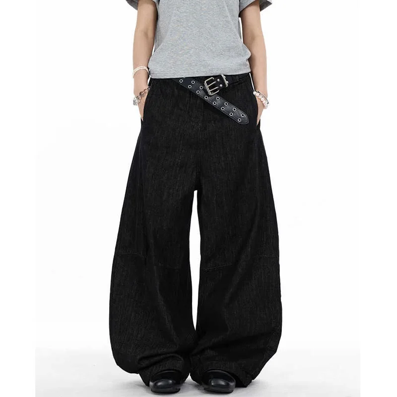 Calças Jeans Americanas Retrô de Cintura Baixa, Corte Afunilado, em Denim Preto Original, Unissex, Primavera Outono, com Silh...