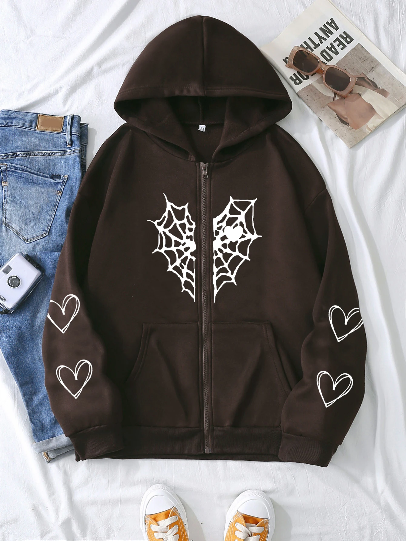 XUANSHOW Herbst Winter Lose Frauen Hoodies Gothic Harajuku Y2k Kleidung Spinne Web & Herz Druck Zip Up Thermische Strickjacke Mantel – Detail 11