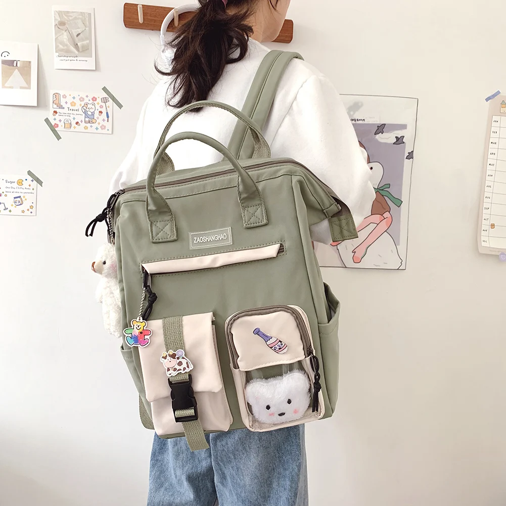 Preppy Style Contrast Color Large Backpack Women Travel Knapsack with Bear Badge