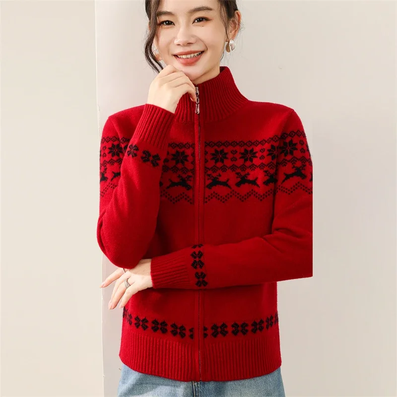 Festival Christmas Clothes Women's Sweater Autumn Winter Coat 100% Merino Wool Sweater Cardigan Elk Design Casual Warm Knitted