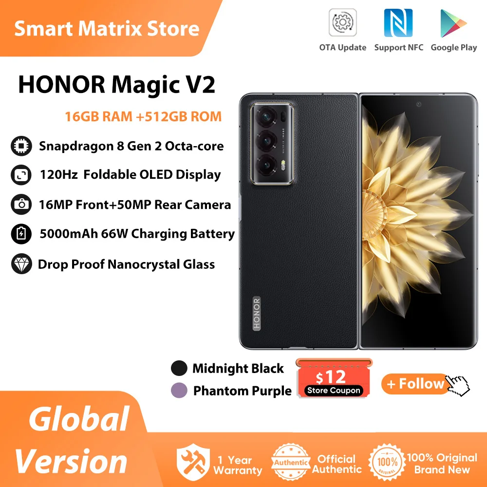 Smartphone Boom OR Magic V2, version globale, 5G, écran OLED pliable 7.92 pouces, 120Hz, caméra arrière 50MP, Snapdragon 8, Isabel 2, 5000mAh, 66W