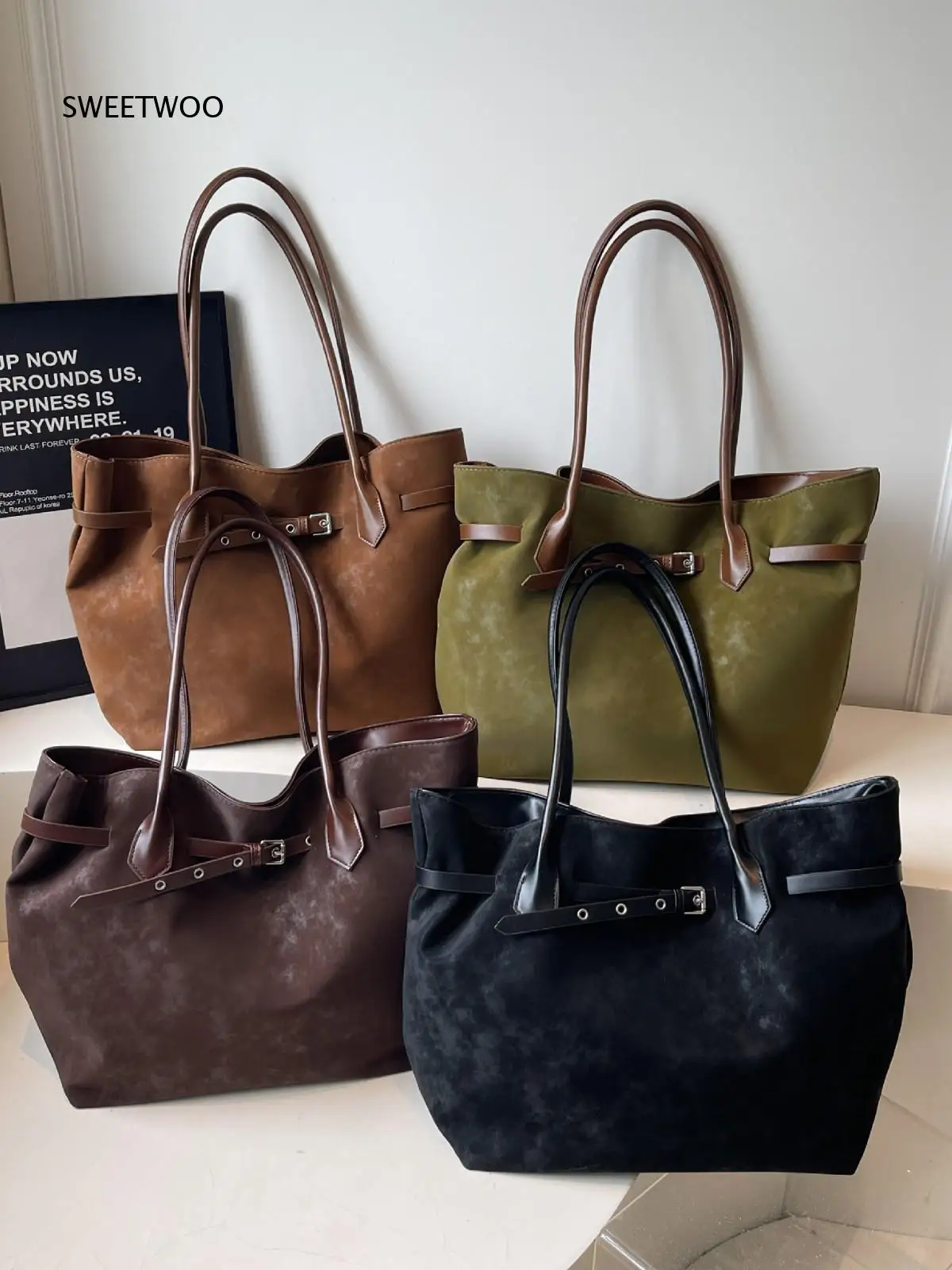 Multi Color Vintage Tote Bag Women Distressed PU Leather Shoulder Handbag Large Space For Office