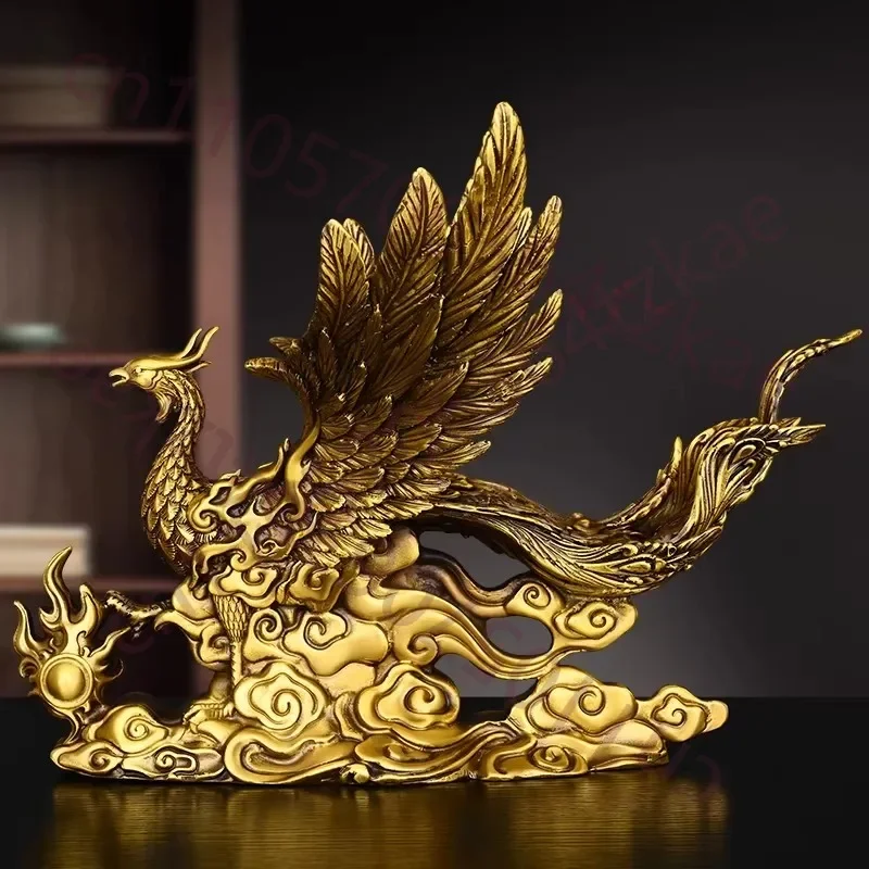 Immortal Phoenix Sculpture with Auspicious Clouds - Pure Copper Art Symbolizing Eternal Love & Harmony, Grand Wedding Gift & Hom