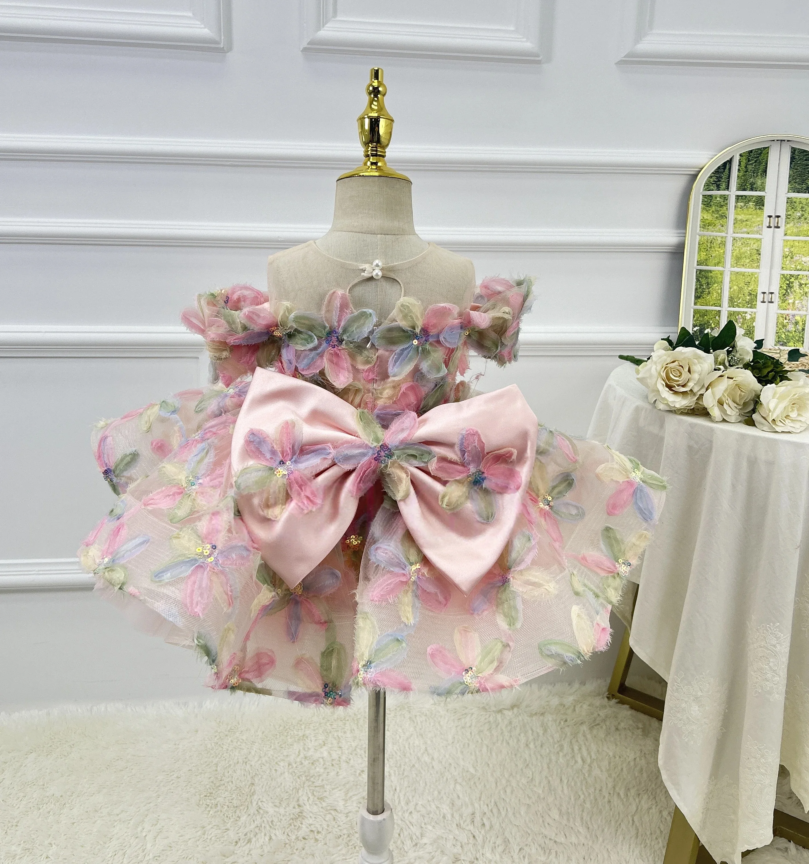 Custom Luxury Flower Girl Dress Wedding Banquet Birthday Party Pageant Runway Princess Tutu Gown Kids Formal Ruffled Bowknot