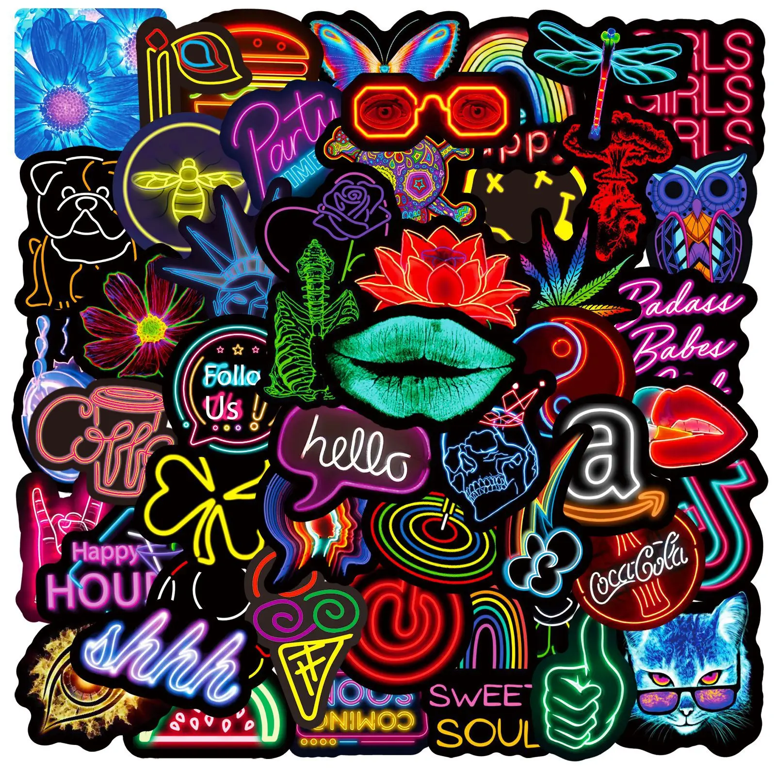 50Pcs Kawaii Neon Lamp Sticky Sticker Aesthetic DIY Decoration Scrapbooking Hand Accounting Waterproof Supplies for Kids Gift