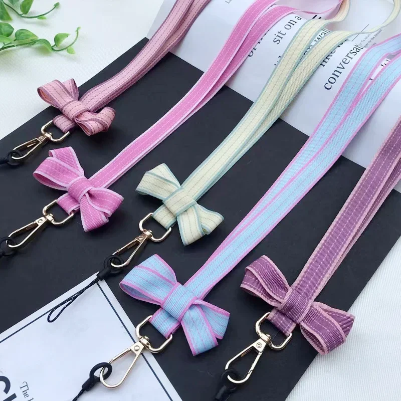 1Pc Vintage Lolita Striped Bow Girl Mobile Phone Lanyard Portable Mini Fan Camera Key Neck Strap Office Work ID Card Holder Rope