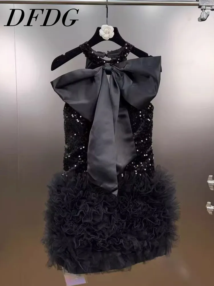 

Женское мини-платье DFDG с пайетками и бантом, черное, на бретельках, для вечеринок и торжеств, модный тренд 2026 года, женственный стиль