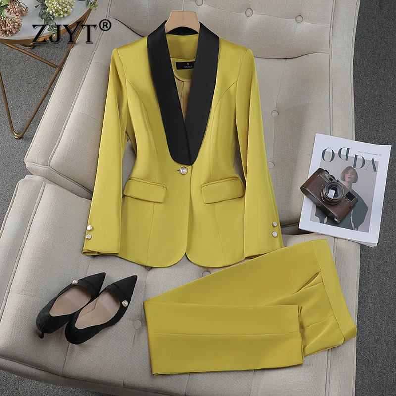 ZJYT Elegant Women\'s Blazer Pants Sets Autumn Fashion Shawl Collar Jacket Trousers Suit Office Lady Work Outfit Matching Set