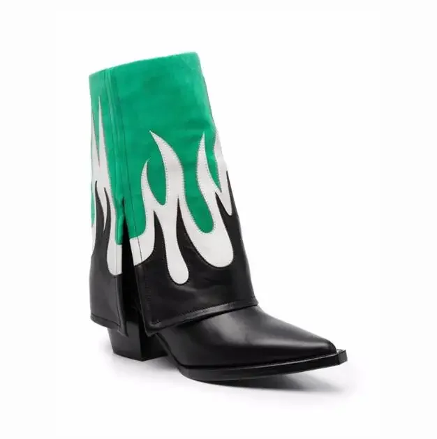 Roman Green Flame Patchwork Collar Down Mid Boots Pointed Toe Chunky Heels Slip On Street Fashion Women Boots