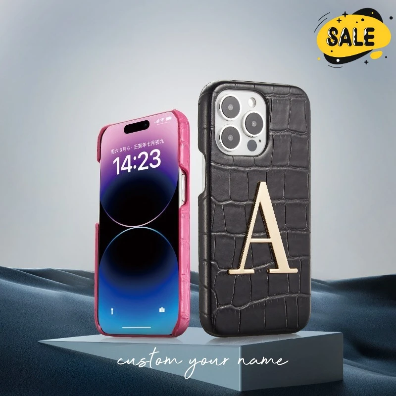 

Crocodile Texture Shockproof Cover Custom Name Gold Metal Letter Phone Case for Iphone15 14 13 Pro Max 15 14Plus Protector Cover