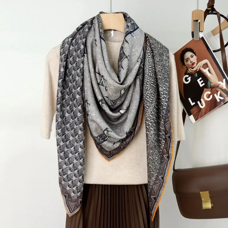 

High-end Elegant Women Fine Small Horses Totem Double Sided Printed Quality Silk Wool Hand-rolled Edge Large Square Scarf Shawl