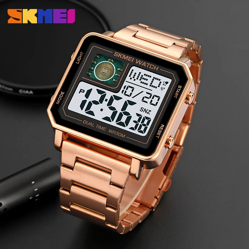 SKMEI 2033 Stainless Steel Digital Watch Waterproof LED Luminous Leisure Square Clock Rectangle Men\'s Watches 1392 2052 1816