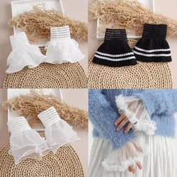 New White Women Detachable Sleeve Fake Cuffs Female Lace Pleated Flare Sleeve False Cuffs Ruffles Wristband Decorative Accessory