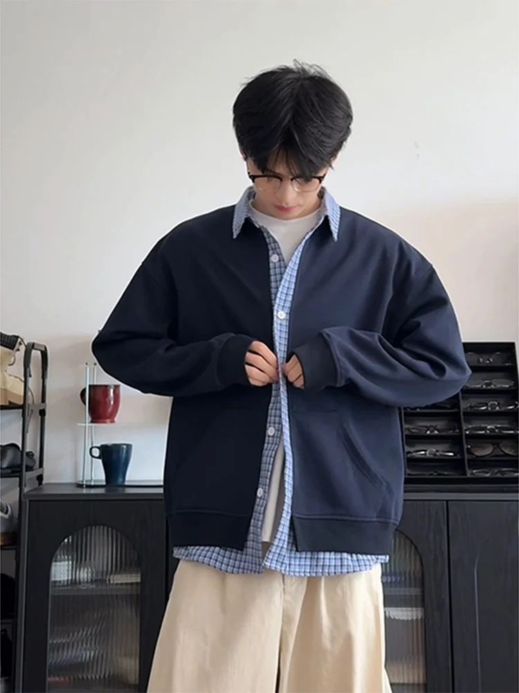 

Loose Fit Plaid Long Sve irt k Blue Patchwork Sweatirt Sle Men's Spring Faion Casual Classic Collar Button down