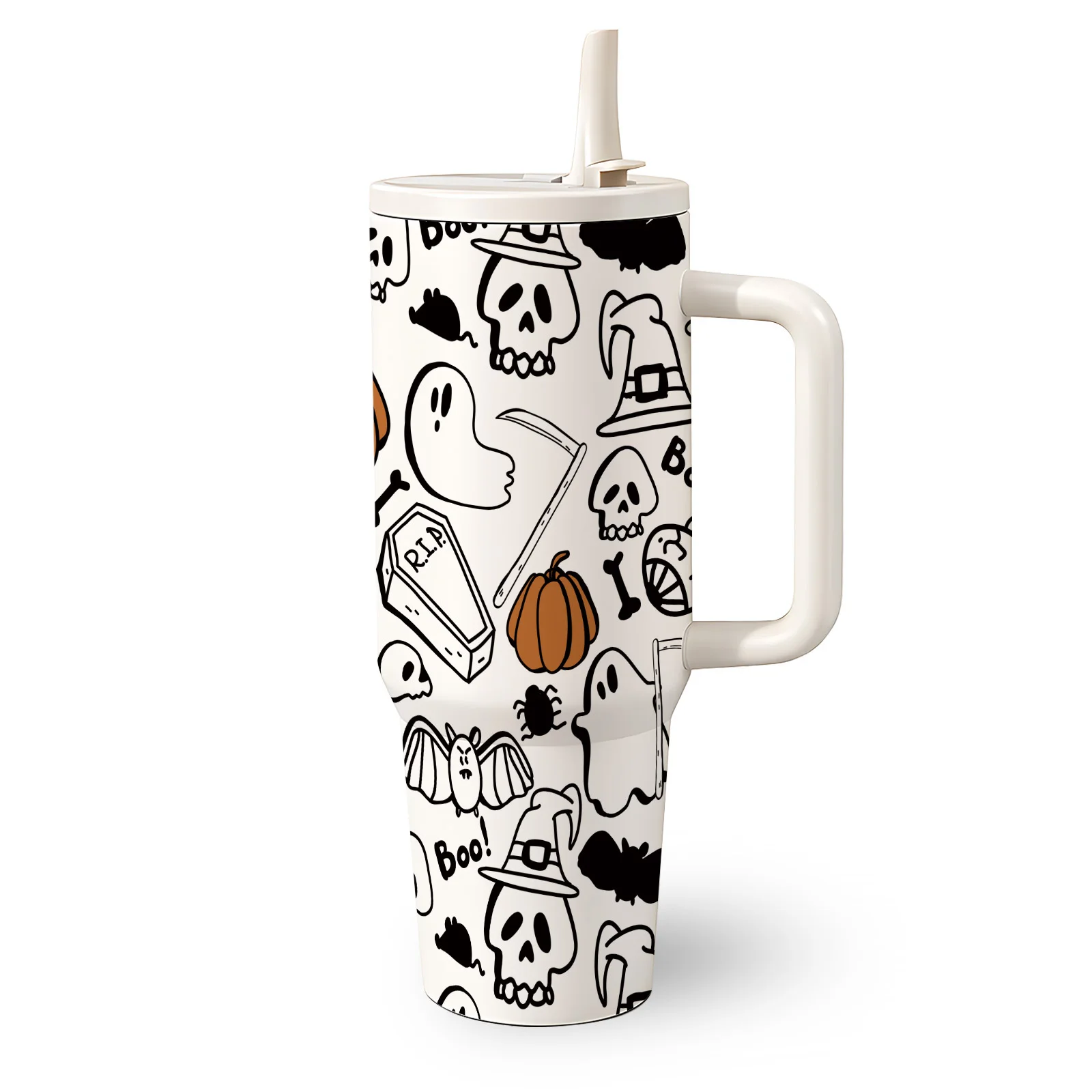 1pc Mikenda 40Oz Stainless Steel Sublimation Tumbler, Handle Folding Straw, Black And White Skull Ghost Pumpkin Bat And Coffin Doodle, Double Wall Insulated Cup, Hot 12H Cold 24H, Halloween Anniversary Birthday Holiday Gift for Family Friends