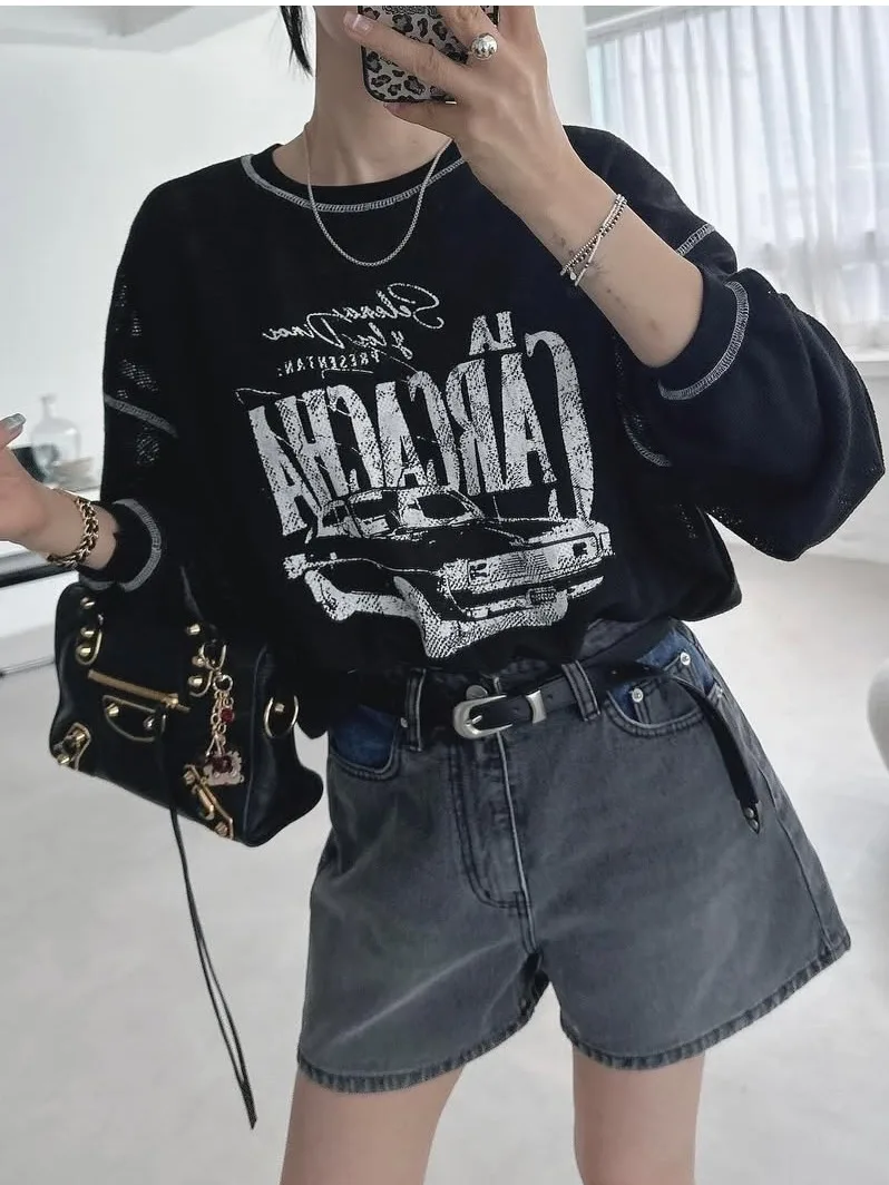 Camiseta Retro redonda Ne Long Sve, capa Base para mujer, diseño con estampado de letras irt, corte holgado, novedad de otoño Sle Chic Sle