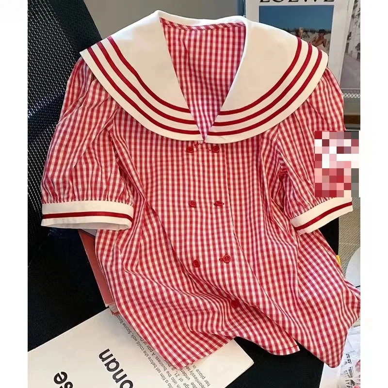 

Sweet Women Shirt Preppy Style Navy Collar Short Sleeved Plaid Shirts Casual Korean Fashion Spring Summer Tops E6288