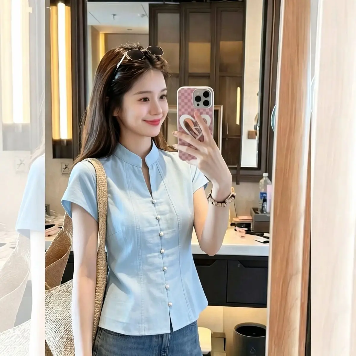 

Elegant Short Sleeve Shirt Women's Stand Collar Slim Fit Top Sweet Stylish Summer High End Luxury Fashion Design Shirt