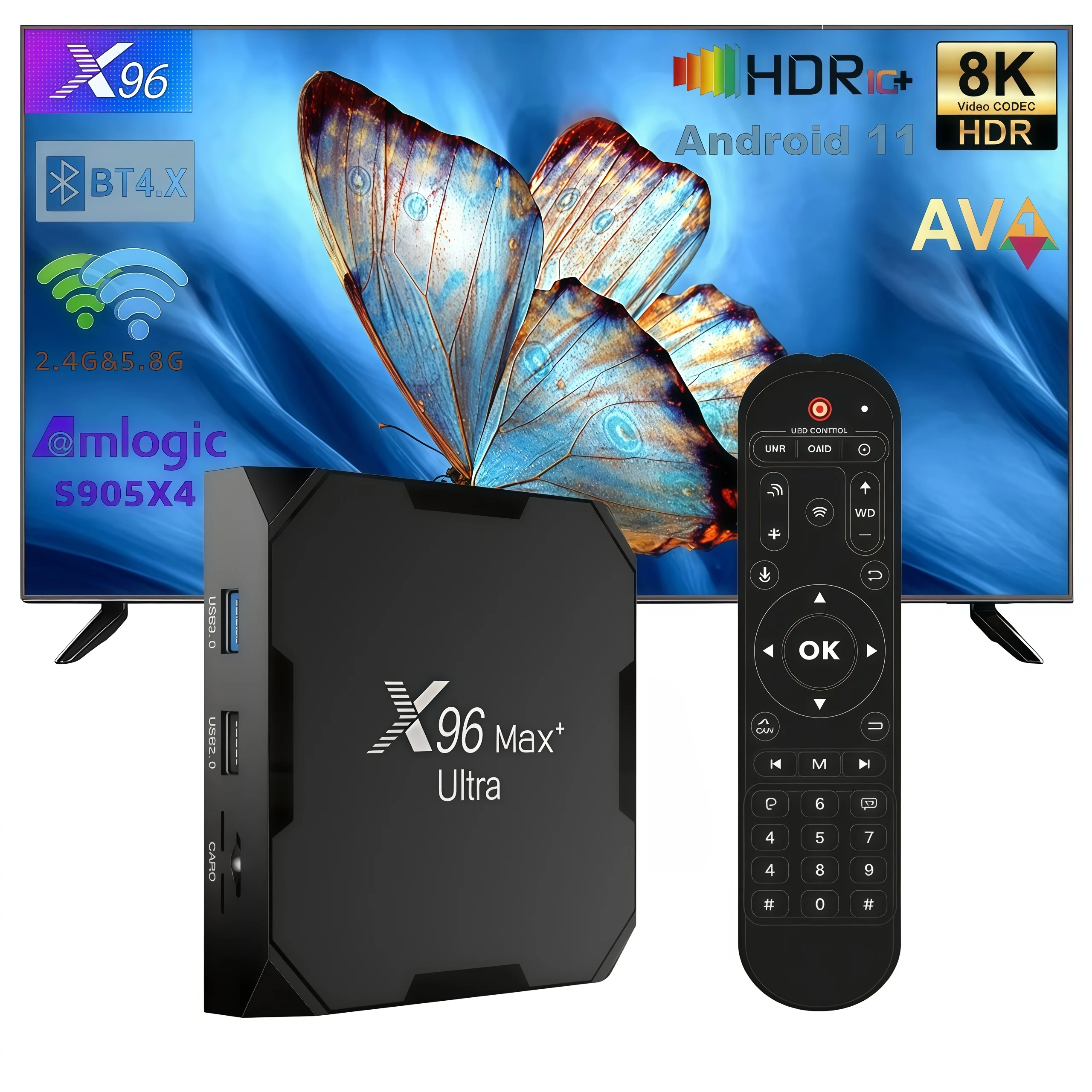 TV Box X96 Max+Ultra con Android 11, S905X4 Quad Core, 4GB 32/64GB, Decodificación 8K AV1, WiFi Dual 2.4G y 5G, BT4.0, USB3.0, Reproductor Multimedia