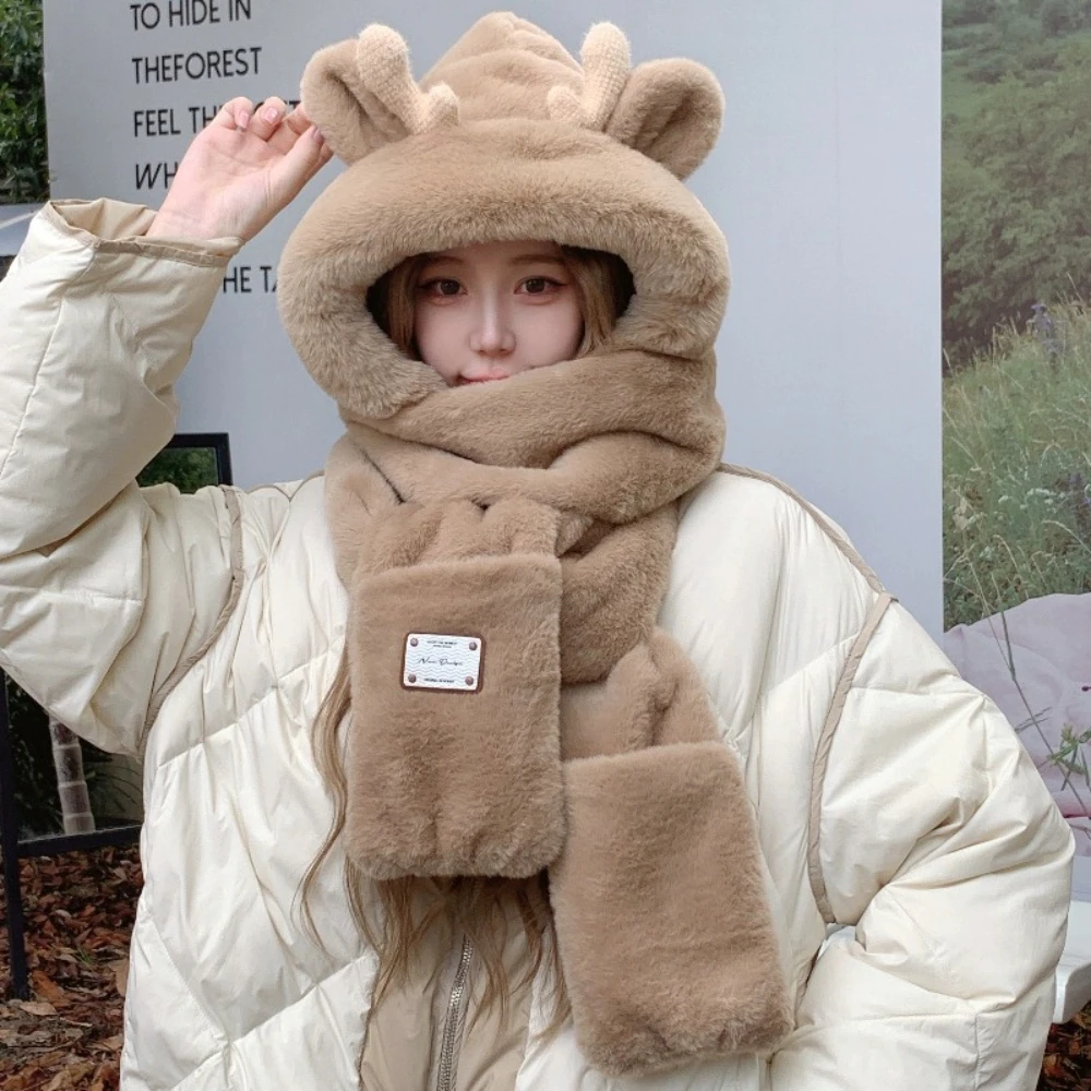 Winter Cute Plush Bear Hat Scarf Gloves Hat Thickened Three-piece Set Cute Cartoon Outdoor Warm Casual Ear Protection Hat