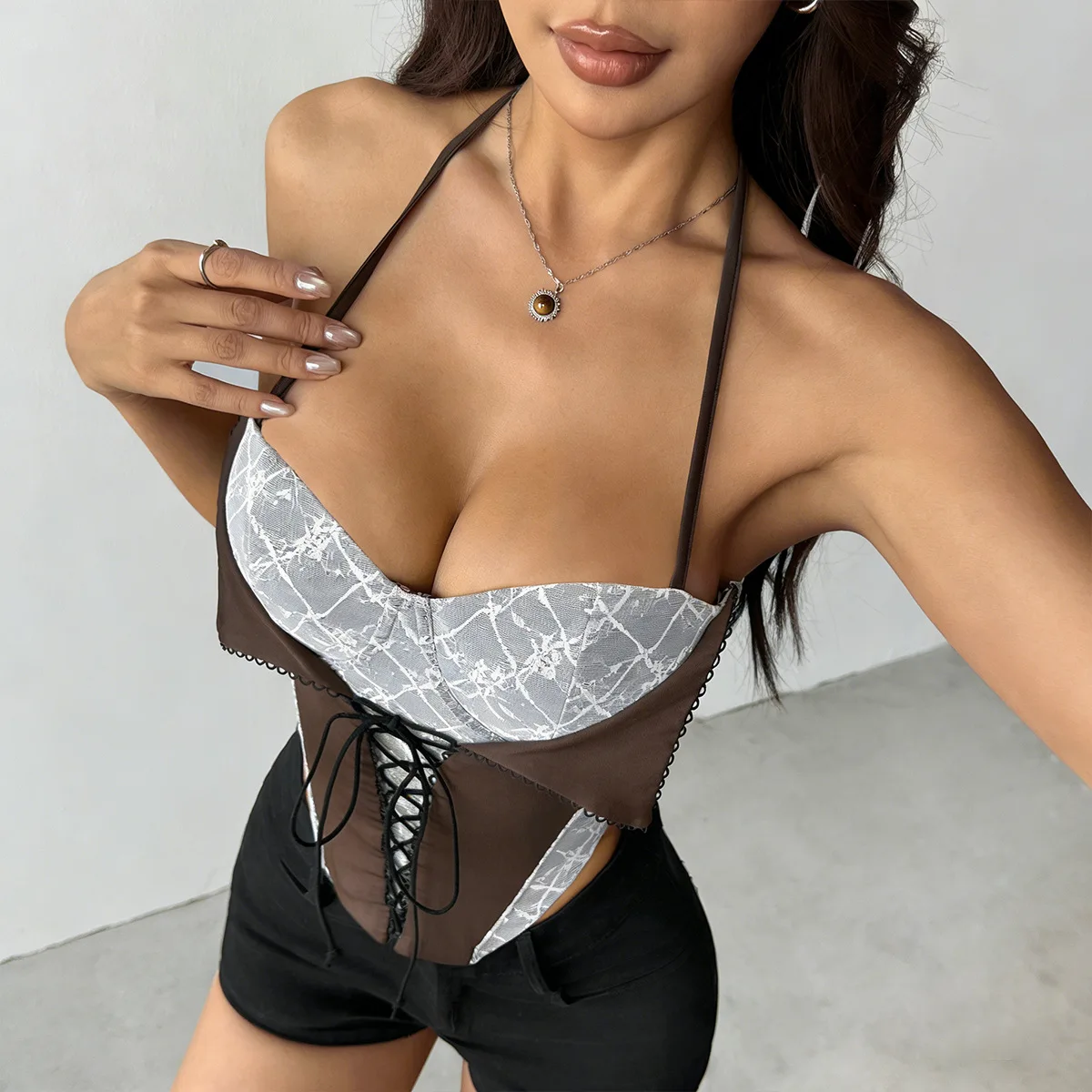 sexy white lace brown push up tops vest coquette halter patchwork bandage corset crop top cami slim waist tank tube top camisas