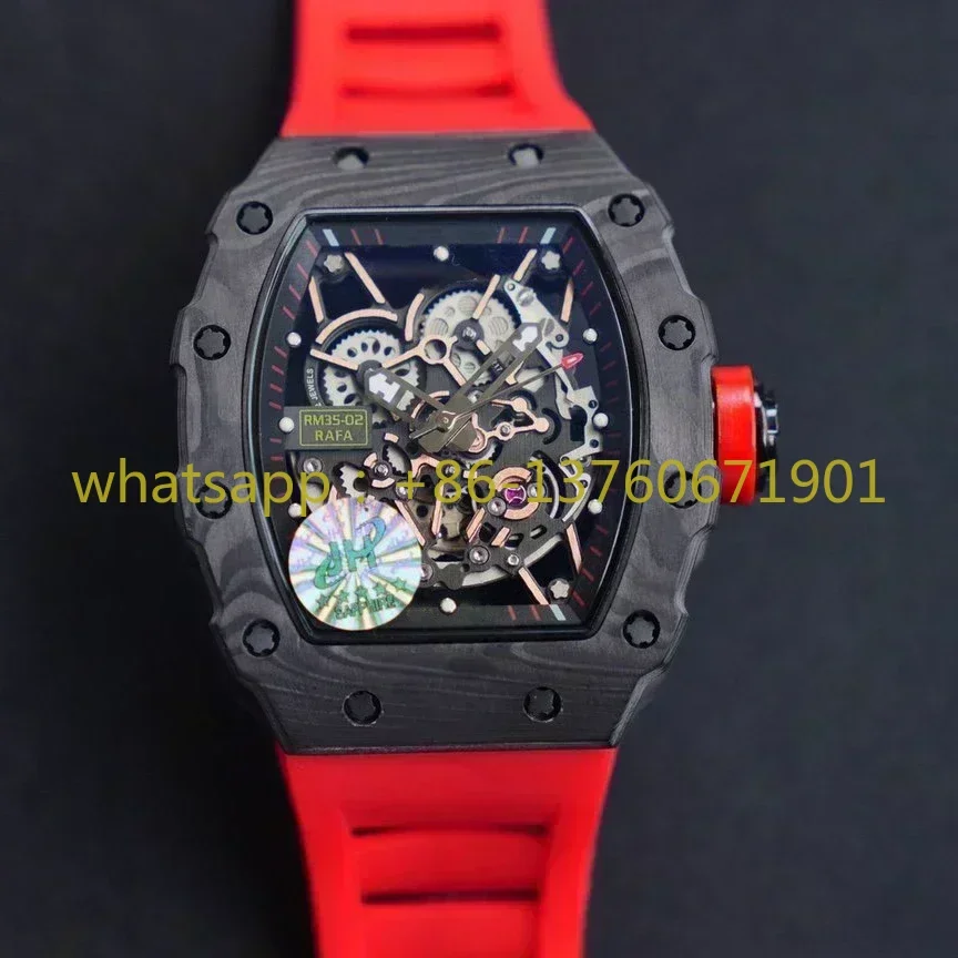 Luxury New Mens Watch Automatic Mechanical Movement Watches Full Black Carbon Black Red Rubber Tourbillion Glass Back