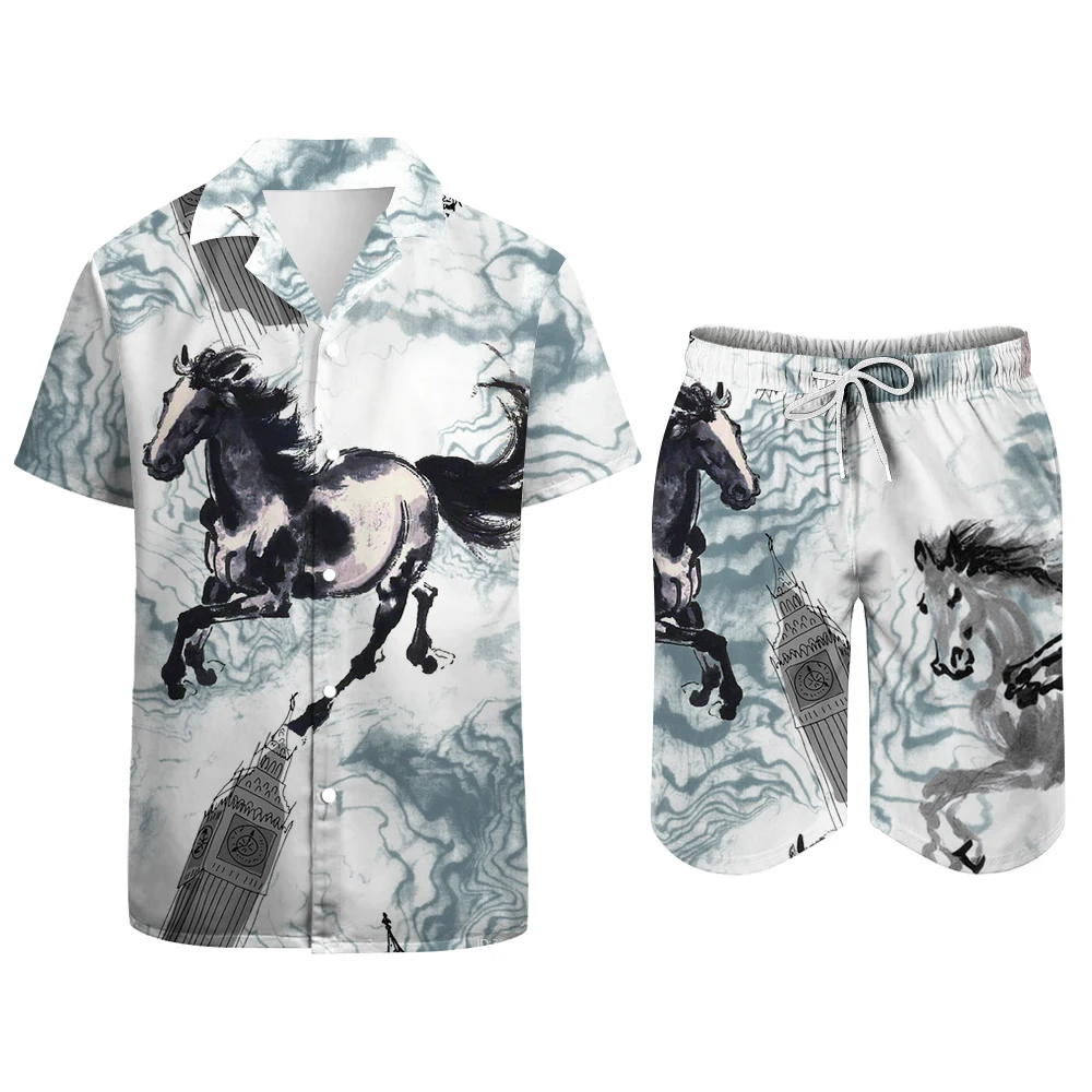 Fashion brand short sleeved shirt set for men\'s summer trend, casual and handsome half sleeved shirt, loose summer high set