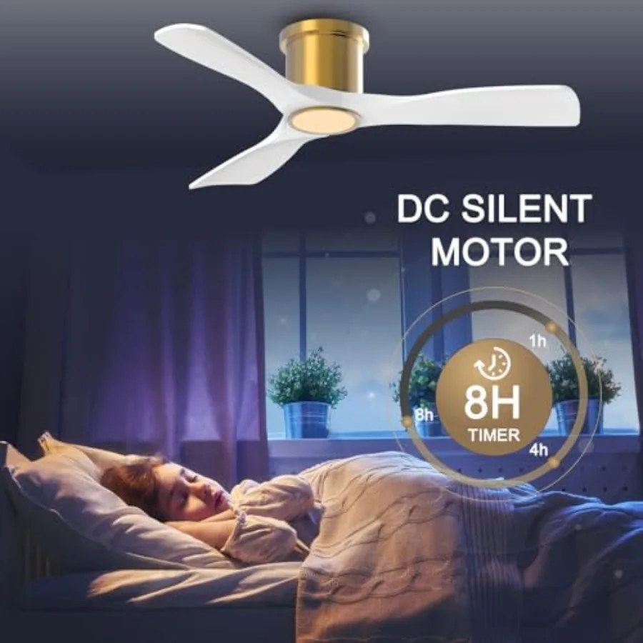 Ventilador de teto inteligente de 52 polegadas com luz integrada e controle remoto para uso interno Modo de montagem embutida de baixo perfil em ouro branco de 3 lâminas