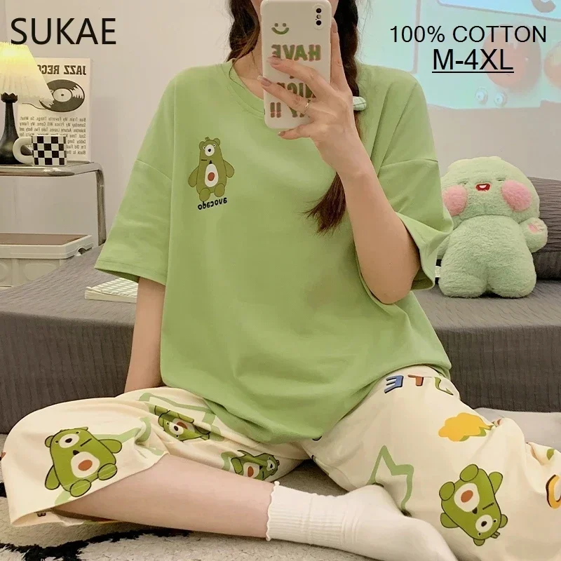 SUKAE 100% Cotton M-4XL Women Pajamas Set Summer Sleepwear Short Knee-length Pants Nightwear Capris Loungewear Cartoon Pijama