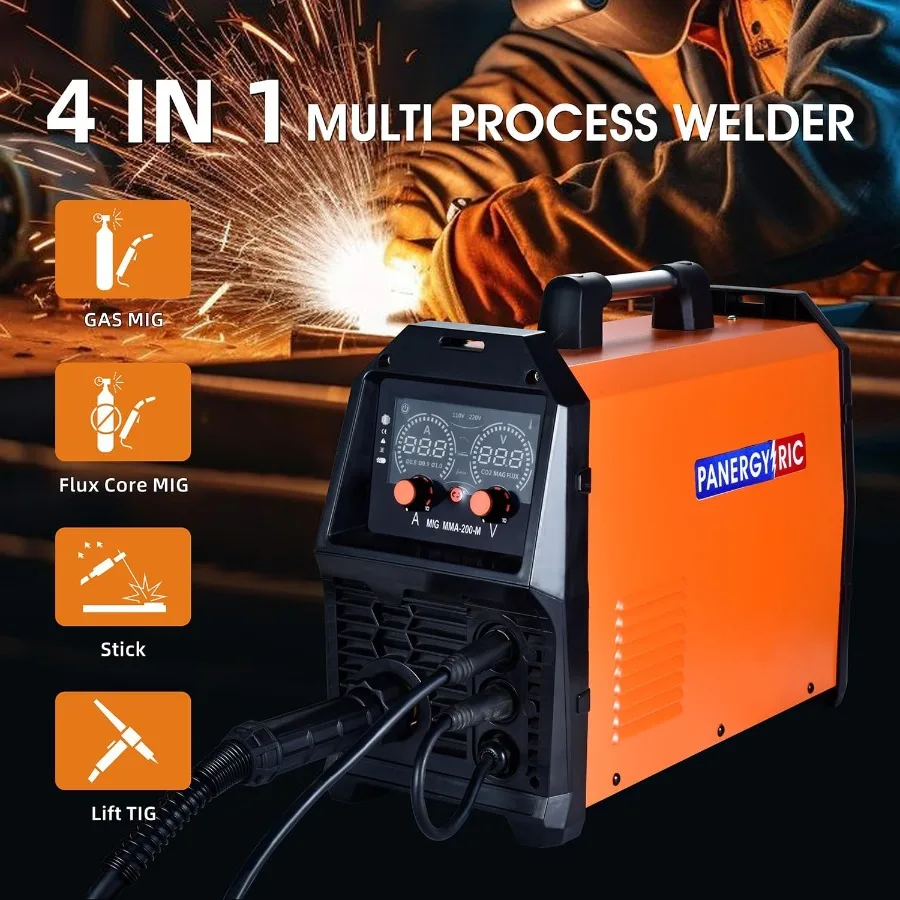 200A Synergic MIG Welder Wire Feed Welder 4-in-1 Gas MIG/Gasless Flux MIG/Stick/Lift TIG Multi-Process Welding Machine with Dua