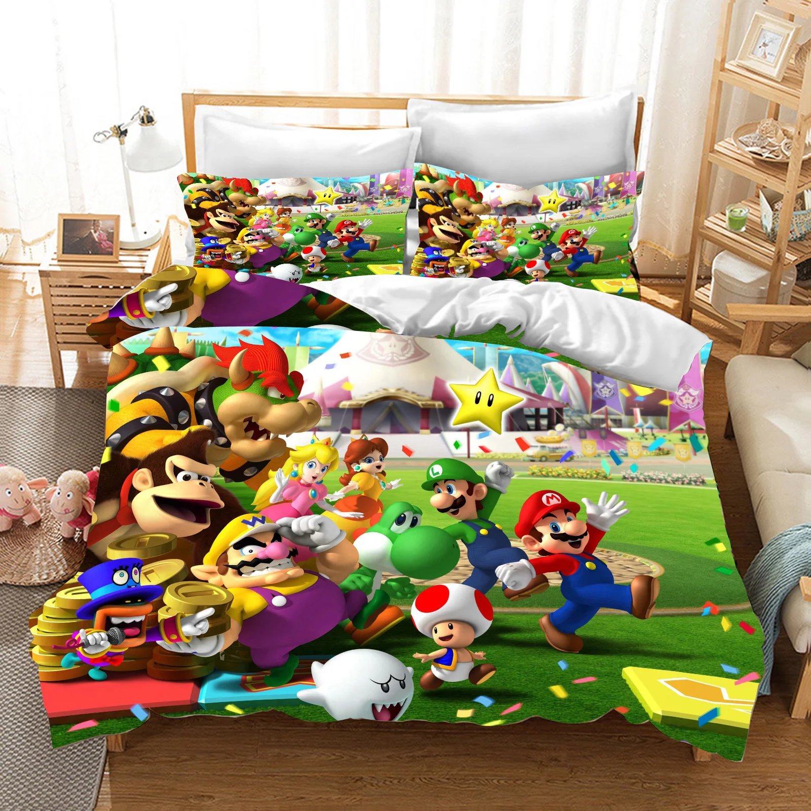 Anime Mario Cartoon Duvet Cover, 3D Printing, Cute Children's Bedroom Set, Polyester, Adult Gift, 2 Pcs, 3Pcs