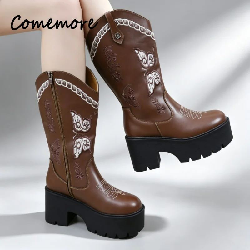 Comemore Western Knight Cowboy Boots Retro Butterfly Embroidered British Style Women Shoes Thick  Platform High Heel Booties