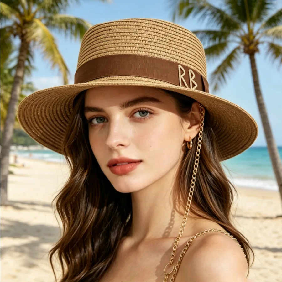 Hot Sale Cross Border Chain Straw Hat, High Quality Ribbon Letter Design Fedora, Outdoor Dent Crown Beach Sun Cap