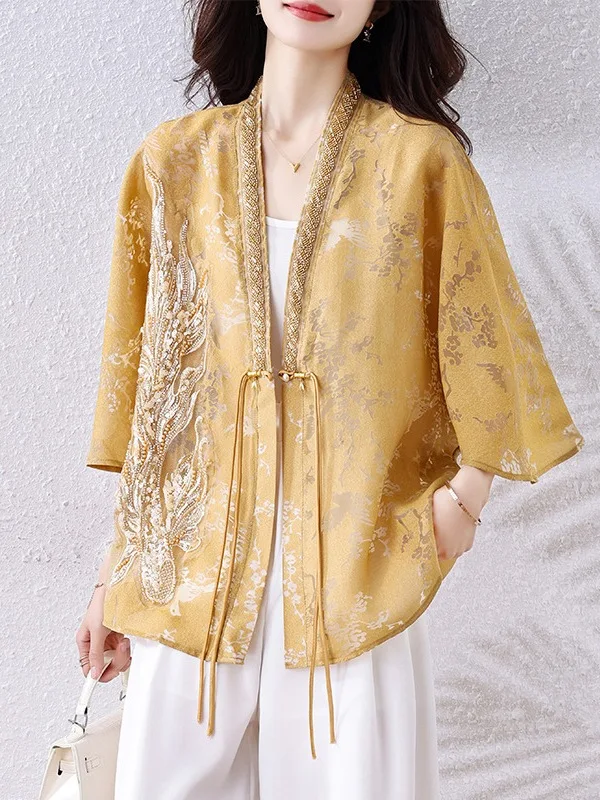 

Ele Hollow out Batwing Sve Jaet Women's New Chinese Sle Loose Cardigan Faionable Early Summer Outerwear
