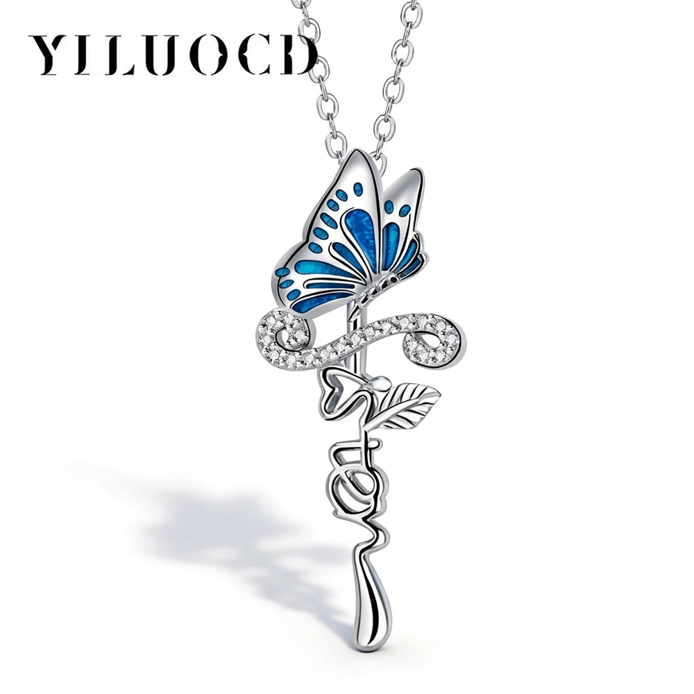 Elegant Blue Butterfly Faith Necklace for Women Cross Pendant with Sparkling Zircon Catholic Prayer Cute Christian Jewelry Gifts