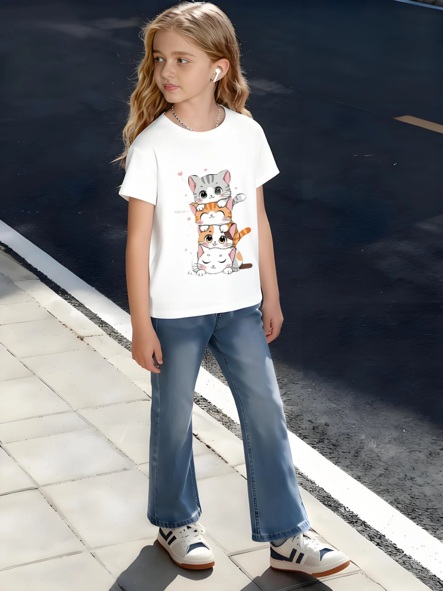 

​Kids Children's Cotton T-Shirt Stacked Cats with Colorful Patterns and Meow Text Cute Animal Design for Boys Girls Pet Lover