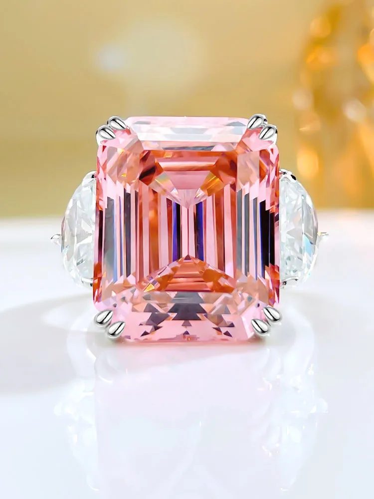 

Fashionable jewelry S925 sterling silver rectangular 15 carat women's ring design, sunset orange pink Ascut ring, hot selling