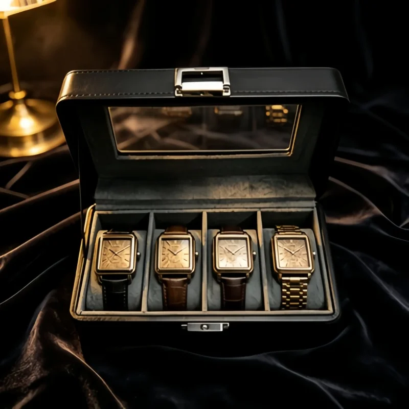 2pcs Four-grid Leather Watch Box Set, Lockable Transparent Window Watch Display Box + Multi-functional Elastic Self-storage Pouc