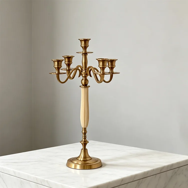Medieval brass five-headed candlestick art style model room living room entrance home niche soft decoration ornament