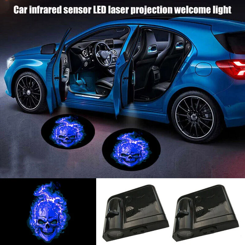 2pcs Blue Skull Logo Car Door Wireless LED Shadow Projection Welcome Laser Light Universal