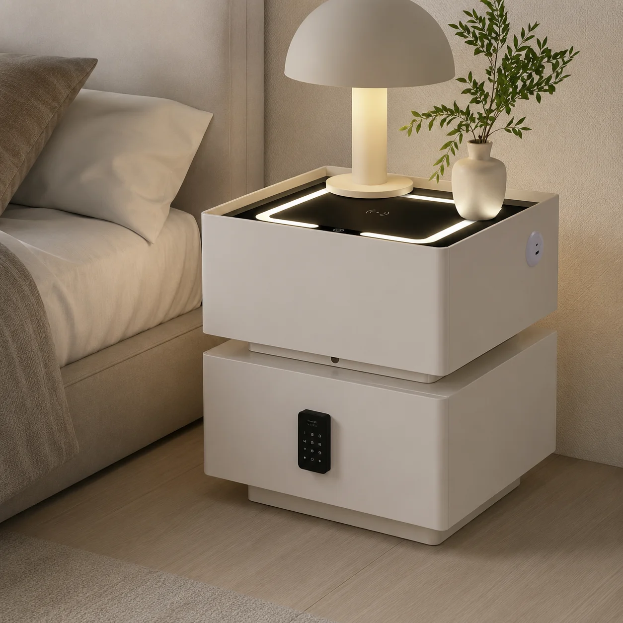 #Modern Glossy Ivory White E1 Board Glossy Smart Charging Nightstand Bedside Table Storage Cabinet Bedroom
