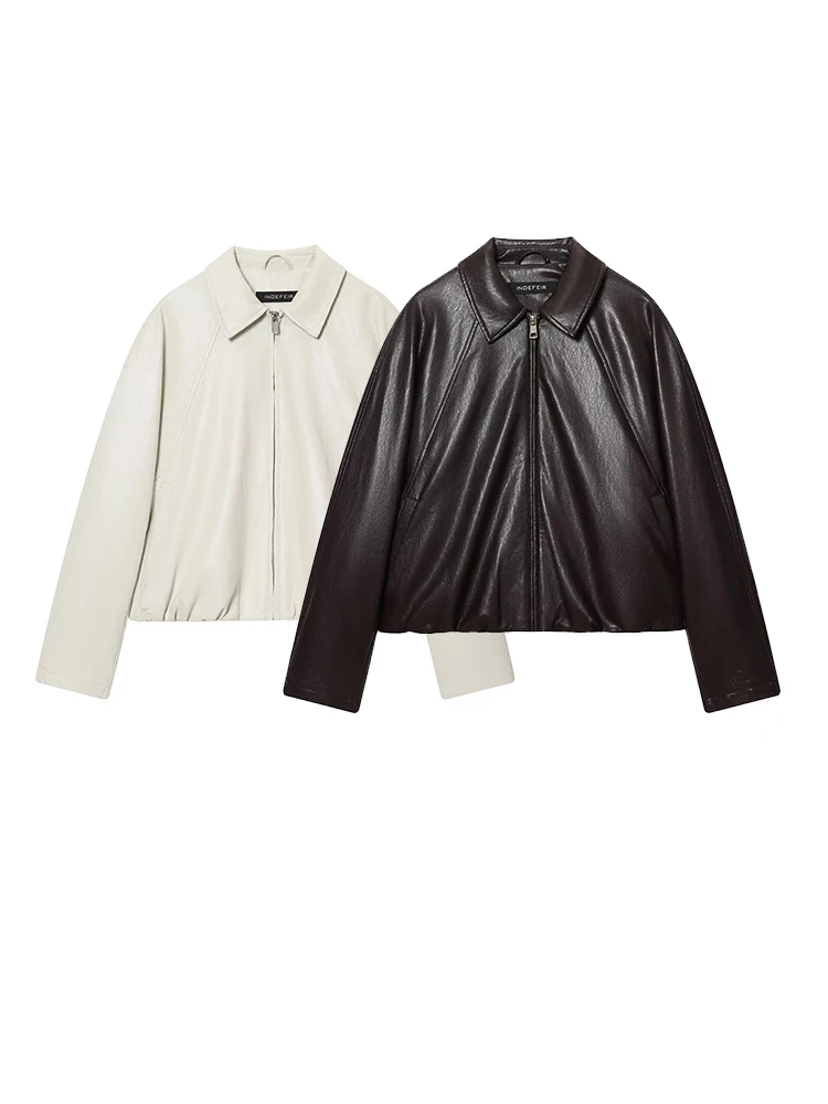 

Women's Leather Jacket 2025 Autumn Winter New Long Sleeve Zipper Leisure High Street Short Jacket Women Fashion Solid Color Coat