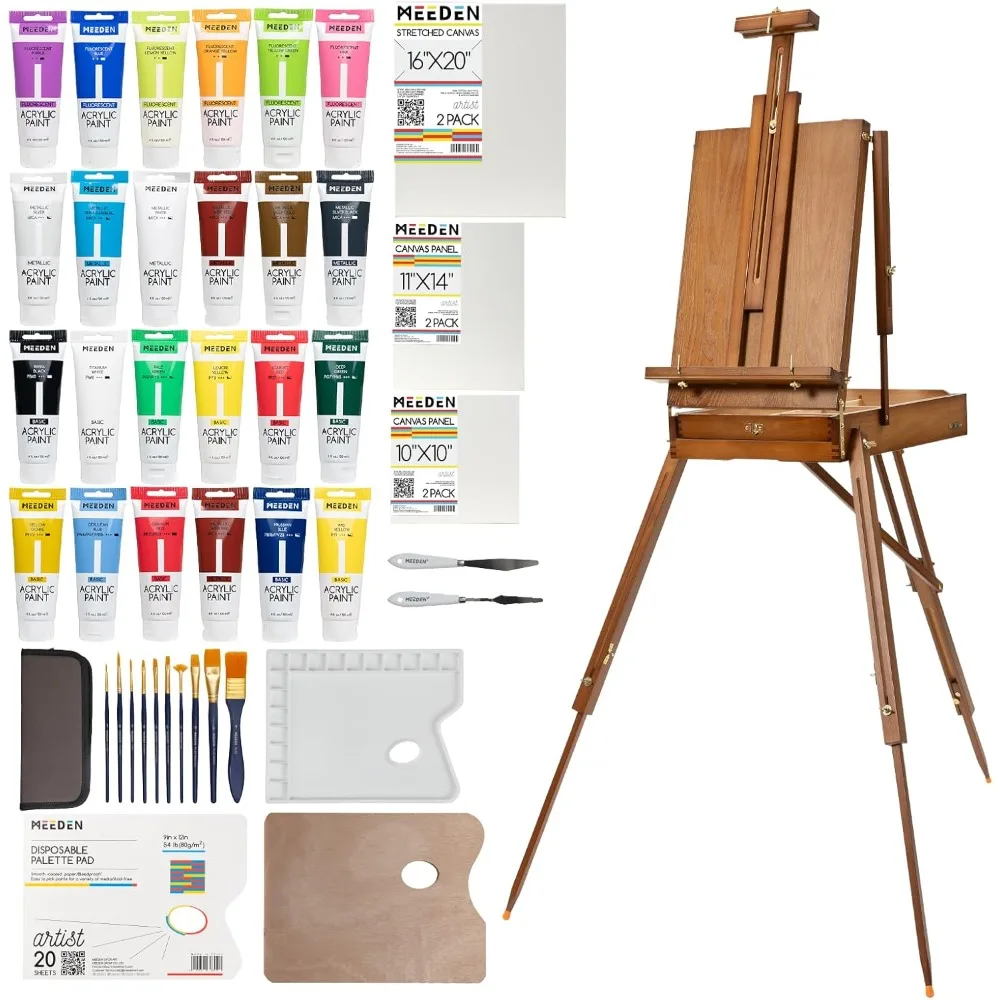 

Painting Kit with French Easel, 24 Colors Acrylic Paint Set, 10 Pcs Paint Brush Set