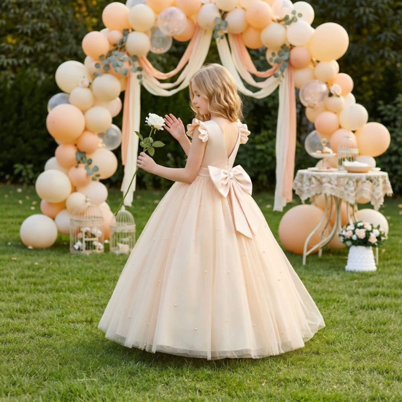 Kids Pearl Flare Sleeve Princess Dress Elegant Children Formal Gown Girls Birthday Wedding Performance Dress