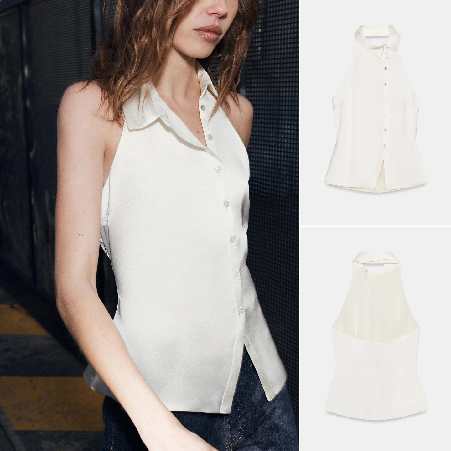 Spring New Women's Casual Style Single Button Flip Cover Silk Satin Feel Collarless Top Hang Neck Line Vest Polyester Fiber